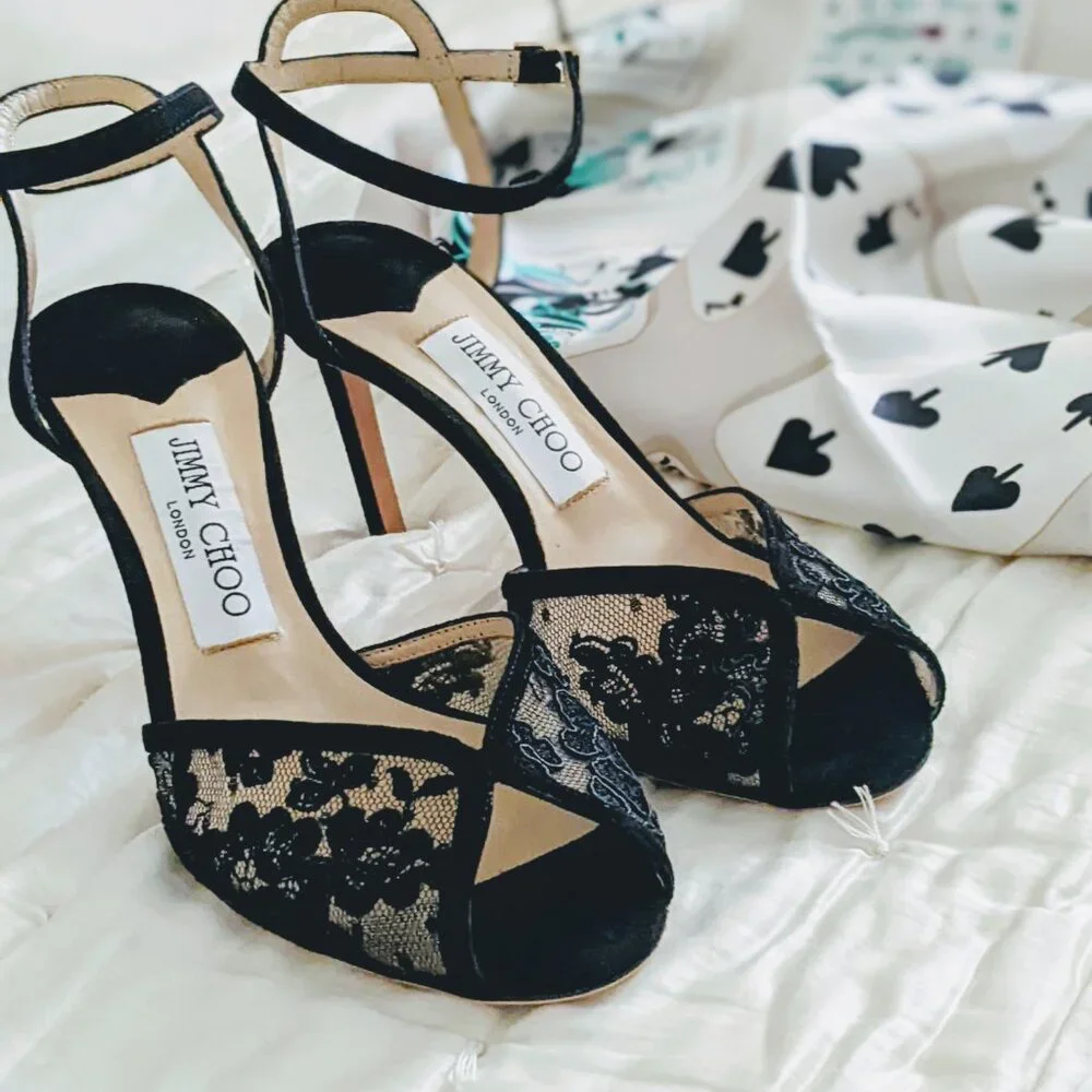 NWT, Jimmy Choo Sacora 85 Black Suede and Lace Peep Toe Ankle Strap Sandals - Picture 2 of 13